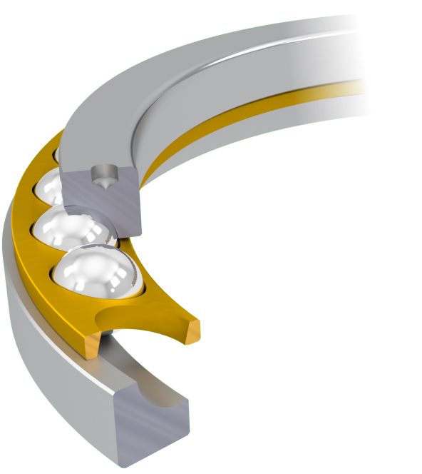 Dibujo técnico de un rodamiento axial de bolas en plata y oro.