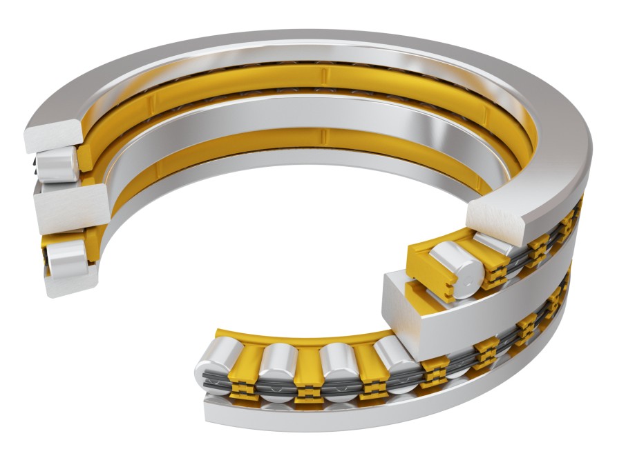 Dibujo técnico de un rodamiento axial de rodillos cilíndricos en plata y oro.