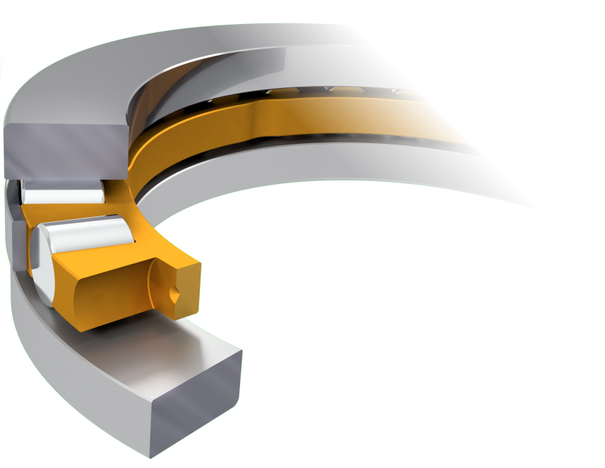 Dibujo técnico de un rodamiento  axial de una dirección en plata y oro.