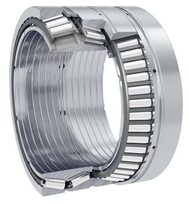 Technical drawing of a multi-row tapered roller bearing in silver