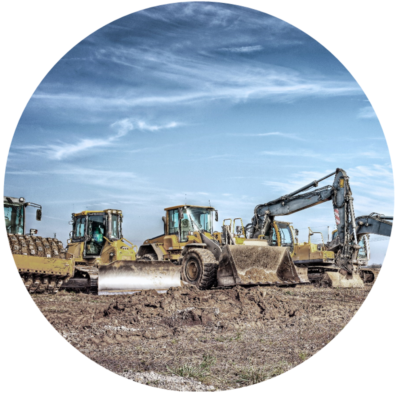 Fünf gelbe Baumaschinen