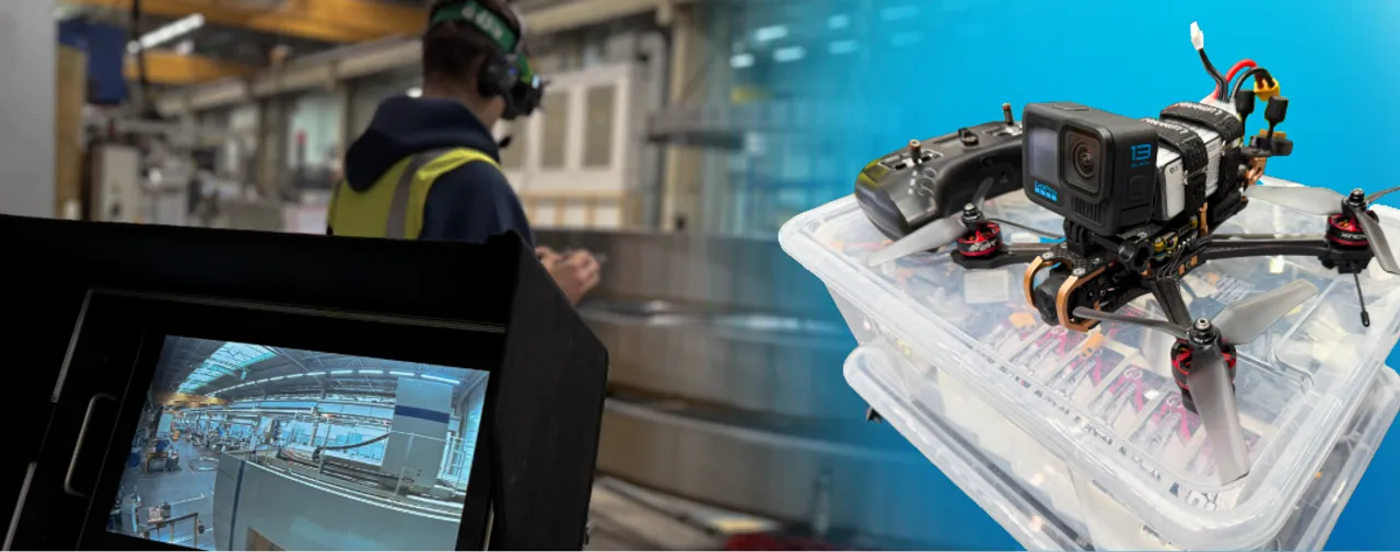 Koláž: obrazovka, muž s 3D okuliarmi, dron