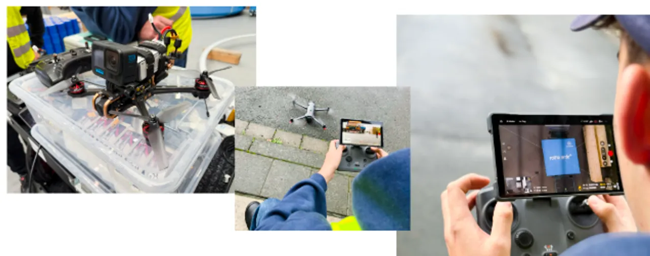 Collage aus drei Bildern einer Drohne und einer Person, die die Drohne bedient