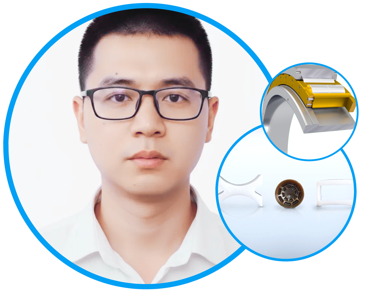 Yangyang Zhang, wearing glasses; picture framed with a blue circle, three further pictures of cages & spacers also framed with a blue circle.