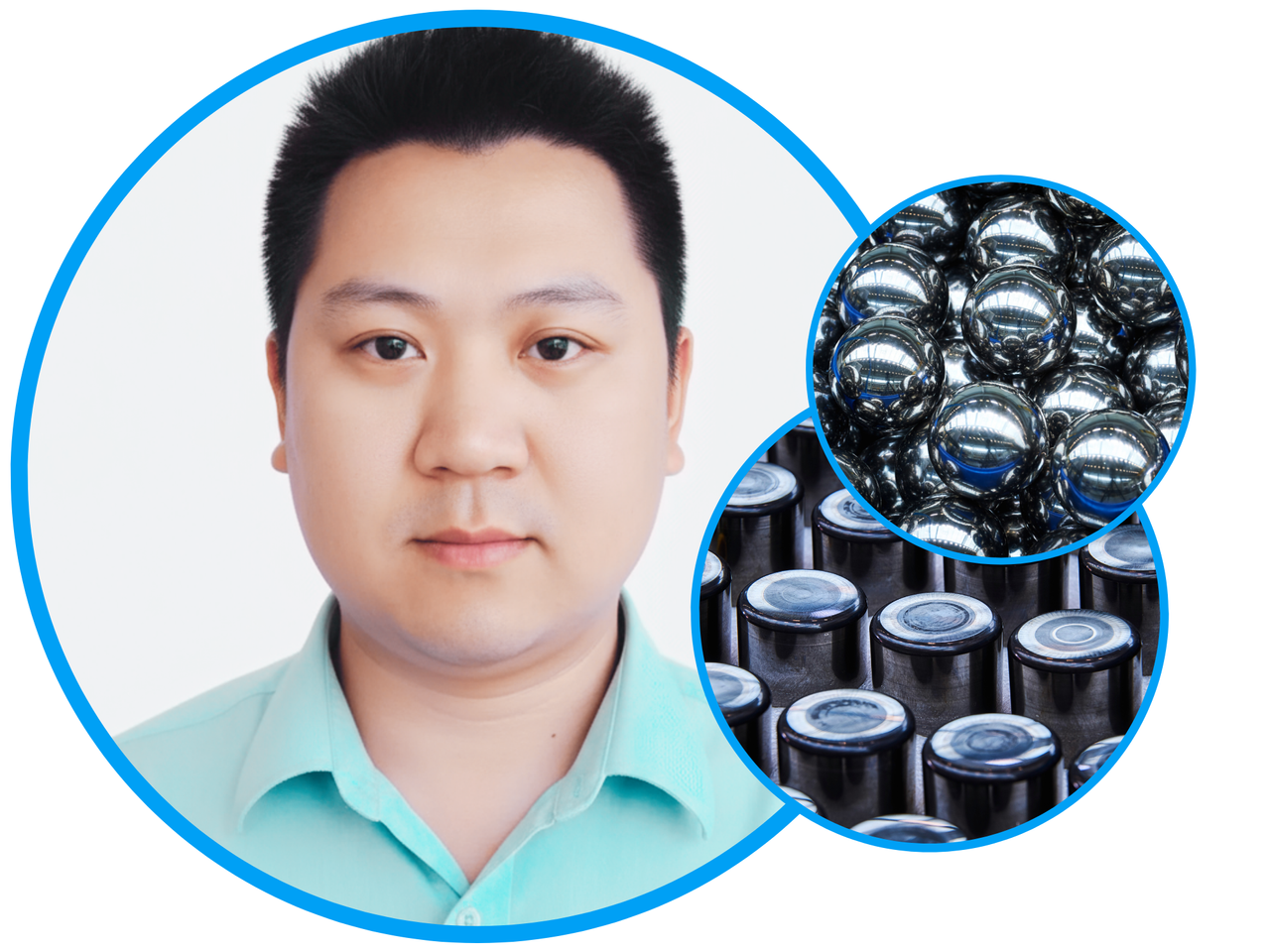 Binbin Ma, picture framed with a blue circle, another picture of rollers and balls, also framed with a blue circle.